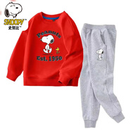 史努比 SNOOPY童裝兒童套裝春秋純棉男女童衛(wèi)衣兩件套寶寶運(yùn)動(dòng)褲潮款 紅色衛(wèi)衣/灰褲-1950 90
