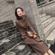TBRK品牌半高領(lǐng)中長款毛衣裙秋冬新款純色百搭過膝修身打底彈力針織裙 半高領(lǐng)咖啡色 M 95-105斤