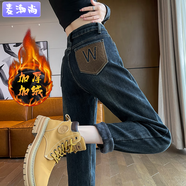 麥潮尚2024加絨哈倫牛仔褲女冬季加厚高腰直筒寬松大碼顯瘦老爹褲潮 加厚 復古藍-絨 L 建議110-120斤