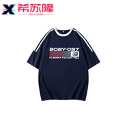 希蘇隆BOBBY ABLEY 美式復(fù)古旗幟字母Logo印花拼接三條杠百搭短袖T恤 片藏青色P XL