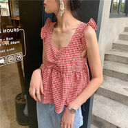 EPET無袖背心女外穿甜美可愛格子娃娃衫韓版小清新顯瘦夏季女裝上衣潮 紅色格子背心(后背綁帶) L (101-110斤)