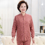 源夫人媽媽棉開衫秋衣女士中老年長袖對襟線衣棉質老人開身系扣棉毛衫 豆沙色上衣 2XL 【130-145斤】