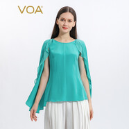 VOA30姆米重磅真絲圓領(lǐng)蝙蝠袖拼接喬其荷葉邊清爽百搭寬松T恤衫 BE930 莫吉托藍（A85） 165/L