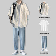 主意范（ZHUYIFAN）胖子超大碼休閑襯衫男士短袖夏季寬松大碼冰絲學(xué)生外套襯衣套裝 C351白色+純棉T恤+牛仔褲 XL (175) 125-145斤