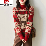 皮爾卡丹（pierre cardin）2024新款秋冬加厚半高領(lǐng)圣誕小鹿提花毛衣女氣質(zhì)名媛時(shí)尚高端上衣 紅色 XL