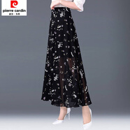 皮爾卡丹雪紡碎花a字裙半身裙中長(cháng)款高腰長(cháng)裙2026新款裙子夏紗裙印花半裙 黑底小花 M