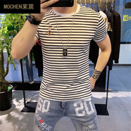 茉莀（MOCHEN） 歐貨潮牌小蜜蜂刺繡條紋短袖T恤男士夏季新款圓領(lǐng)修身半袖?；晟?白條紋 XL