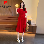 皮爾卡丹（pierre cardin）連衣裙女夏季2025新款短袖拼接過膝長裙收腰顯瘦遮肉高腰蛋糕裙潮 紅色 L (100-120斤)