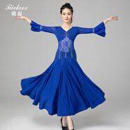 米詩(shī)德摩登舞連衣裙國標舞比賽裙女華爾茲大擺裙交誼舞喇叭袖練習裙 9013[寶藍含安全褲 M