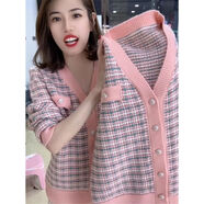 矜持范小香風(fēng)針織衫女毛衣女小外套開衫女春季新款短款格子外穿上衣春秋 粉色【現(xiàn)貨】 S 8095斤