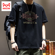 貓人（MiiOW）潮牌美式重磅250g短袖T恤男寬松大碼純棉上衣夏季潮流ins半袖體恤 黑色 3XL