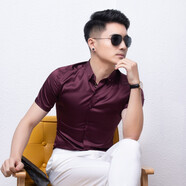 美羅邦男士商務(wù)休閑修身純色襯衣韓版繡花休閑潮男長(cháng)袖光滑免燙半袖襯衫 短柚酒紅色 XL/適合120斤--135斤