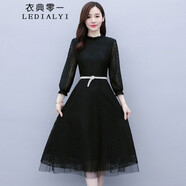 衣典零一 21年秋裝新款秋季女裝春秋時(shí)尚氣質(zhì)修身遮肚子顯瘦女士長(cháng)袖網(wǎng)紗蕾絲連衣裙中長(cháng)款打底裙a字裙子 黑色 M