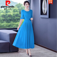 皮爾卡丹（pierre cardin）法式大擺色雪紡連衣裙女2024夏季新款收腰顯瘦氣質(zhì)大號長裙針織 天藍 4XL【148/158斤】