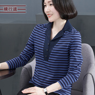 橫行道翻領(lǐng)拼接條紋寬松長(cháng)袖T恤女裝2024新款春裝韓版海軍風(fēng)棉質(zhì)上衣 藏藍條 2XL