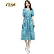 子牧棉麻夏裝 女小碎花拼接休閑連衣裙收腰短袖裙子5858 0820藍(lán)花 XL(建議115-130斤)