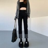Radinka2025夏新款高腰直筒開(kāi)叉牛仔褲女寬松韓版老爹褲高腰顯瘦褲子HNF 設計感拼接黑色【033】 2XL
