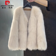 皮爾卡丹（pierre cardin）中長款V領(lǐng)簡約狐貍毛皮草外套女2024冬季海寧長袖毛毛大衣 奶茶色 M
