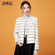海青藍（CYANINE SEA）簡約氣質減齡含羊毛名媛范氣質短外套女秋冬圓領條紋粗花呢開衫 條紋 XL