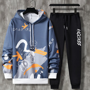 宗獅猴 (上衣+褲子）男款短袖短褲夏天套裝男生籃球服夏季韓版全套衣服 藍色連帽 2XL