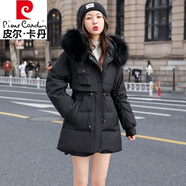 皮爾卡丹（pierre cardin）平湖羽絨服冬季女2025新品中長(zhǎng)款修身收腰白鴨絨小個(gè)子真毛領(lǐng)外套 黑色 貉子真毛領(lǐng) M 建議110-130斤