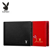 花花公子男女款真皮錢(qián)包情侶一對2025新款短款牛皮錢(qián)夾卡包票夾情人節禮物 黑色+紅色（橫款）