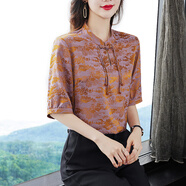 隱形都市新中式五分袖潮流T恤女2025新款夏款短袖印花大碼復古中年上衣 卡其色 XL 90-105斤