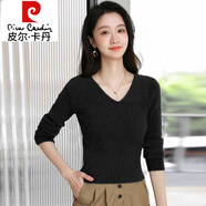皮爾卡丹（pierre cardin）套頭v領(lǐng)內(nèi)搭打底衫短款顯瘦毛衣女秋冬小個子上衣加厚修身高腰 黑色 M 建議91-102斤穿