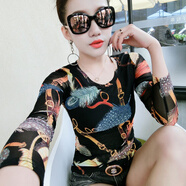 索宛亦（SUOWANYI）24款可選春秋裝新款歐洲站印花顯瘦長袖T恤女裝打底衫女上衣 黑色羽毛 S