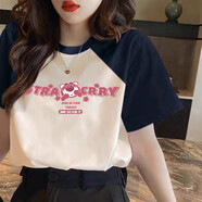 米子旗純棉t恤女短袖港風(fēng)寬松韓版百搭2025夏季女裝新款上衣潮 粉字7132胸前大-子夜藍 M 100-110斤