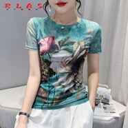 RLAS素雅花色印花網(wǎng)紗t恤女短袖歐洲站夏季時(shí)尚修身顯瘦上衣洋氣小衫 9962# 淺藍(lán)色 圓領(lǐng) XL