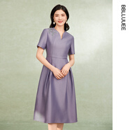 粉藍衣櫥光感仿絲毛精致短袖連衣裙喜婆婆【重工釘珠禮服裙】5A2L385 云霧紫 XL