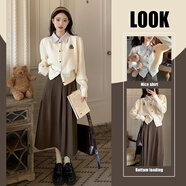 妍莉芬（yanlifen）2024年春季裝韓劇穿搭配一整套時(shí)尚學(xué)院風(fēng)針織開(kāi)衫半身裙子套裝女 單棕色裙子 S