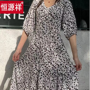 恒源祥棉綢連衣裙女夏日收腰薄款甜美碎花V領(lǐng)大擺人造棉度假沙灘長裙子 約會花島 2XL 裙長135cm 172高內(nèi)