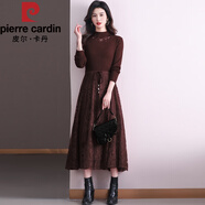 皮爾卡丹（pierre cardin）蕾絲長款羊|毛連衣裙秋裝新款女士針織毛|衣打底衫配大|衣蕾絲裙 咖 蕾絲領 XL