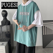 假兩件連帽短T男2021新款ins韓版寬松半袖五分袖學生上衣女潮 綠寶石 高質量 帶帽五分袖 M 70-100斤