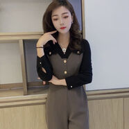 BJORN MOAN春秋新款韓版撞色V領(lǐng)長(cháng)袖連體衣褲套裝百搭休閑氣質(zhì)直筒褲假兩件 咖色撞黑色 M 建議80-100斤