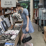 人間lisa方領(lǐng)泡泡袖短款上衣小心機顯瘦a字牛仔裙連衣裙女 淺藍色(送假領(lǐng)+頸帶) S 85-95