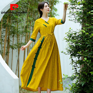 皮爾卡丹2025春秋大碼女裝新款復(fù)古提花棉麻長(zhǎng)裙休閑民族風(fēng)大擺亞麻連衣裙 黃色 L 【90-120斤】