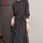 皮爾卡丹（pierre cardin）法式復(fù)古碎花連衣裙秋冬女新款加絨加厚氣質(zhì)配大I衣內(nèi)搭打底長(zhǎng)裙 藍(lán)棕小花 L