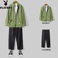 花花公子（PLAYBOY）【兩件套】襯衫男夏季新款百搭印花青年男士輕薄純棉休閑襯衣短袖 23豆綠TZ L