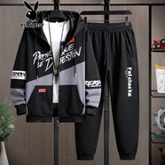 花花公子（PLAYBOY）美式衛(wèi)衣男連帽套裝春秋季潮流休閑外套秋裝帶帽開衫新款秋冬季 不加絨3333黑色套裝 M