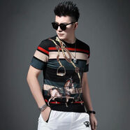 藍駿啟歐洲站春夏季短袖體T恤衫男士修身數碼印花青年潮流韓版帥氣半袖 2614#撞色 3XL 建議【170-190斤】