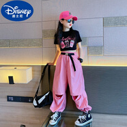 迪士尼（Disney）女童秋裝爵士舞服裝2024新款短袖中大童套裝夏季洋氣修身兒童t恤 套裝(黑色上衣+玫紅褲子) 130cm