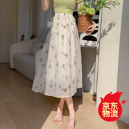 索凱特雪紡半身裙女夏仙女飄逸顯瘦遮臀印花a字大擺沙灘中長(cháng)裙紗裙子 綠色 有內襯 均碼 80-140斤