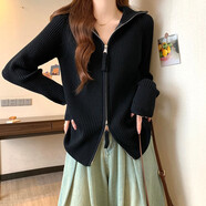 EYNL拉鏈翻領坑條外穿毛衣開衫女秋冬大碼胖mm韓版慵懶風爆款針織上衣 黑色(毛衣女冬季/別致絕美毛衣/ M(90-100斤)(獨特簡約休閑)