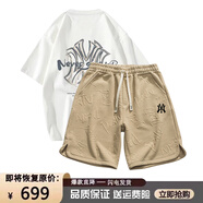 MR—90官方潮牌短袖T恤男女款套裝韓版休閑寬松純棉短褲情侶夏季兩件套 白色短袖+卡其短褲（NE05） XL（建議150-170斤）