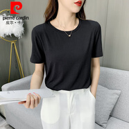 皮爾卡丹（pierre cardin）莫代爾t恤女短袖2024夏季新款寬松休閑圓領(lǐng)內搭薄款冰絲半袖體恤 黑色 XL:120-134斤