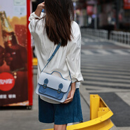 蠢小魚(yú)女包生日禮物送女友牛皮手工包diy大容量百搭學(xué)院劍橋包郵差 深藍拼色大號材料包配工具和教程