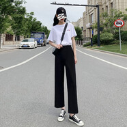 艾羅帝朗 春夏冰絲闊腿褲女高腰垂感黑色寬松薄款百搭學(xué)生休閑九分褲女秋 黑色-薄款九分褲 L 建議體重101-120斤